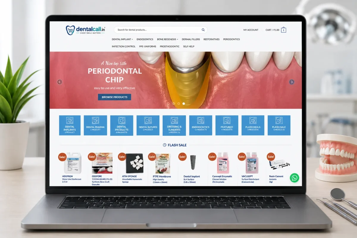 DentalCall online dental supply store website displayed on a laptop showcasing dental products and supplies in India