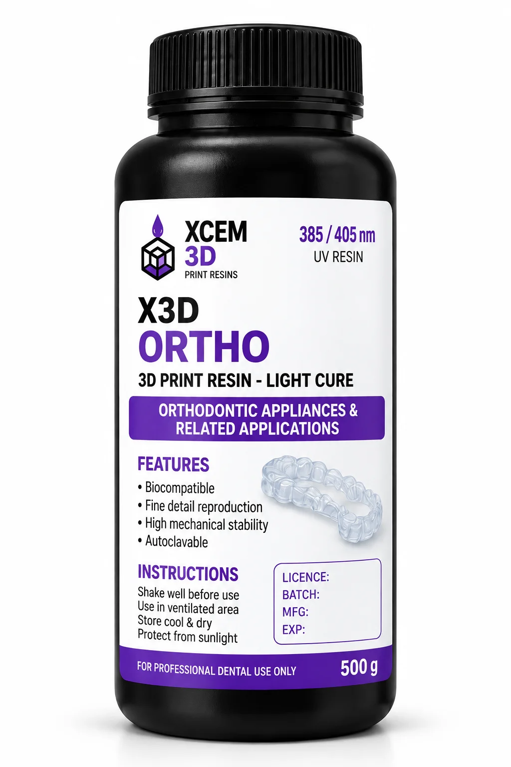 XCEM 3D X3D ORTHO Resin – 385/405nm | Orthodontic 3D Printing Resin | 2 x 500g